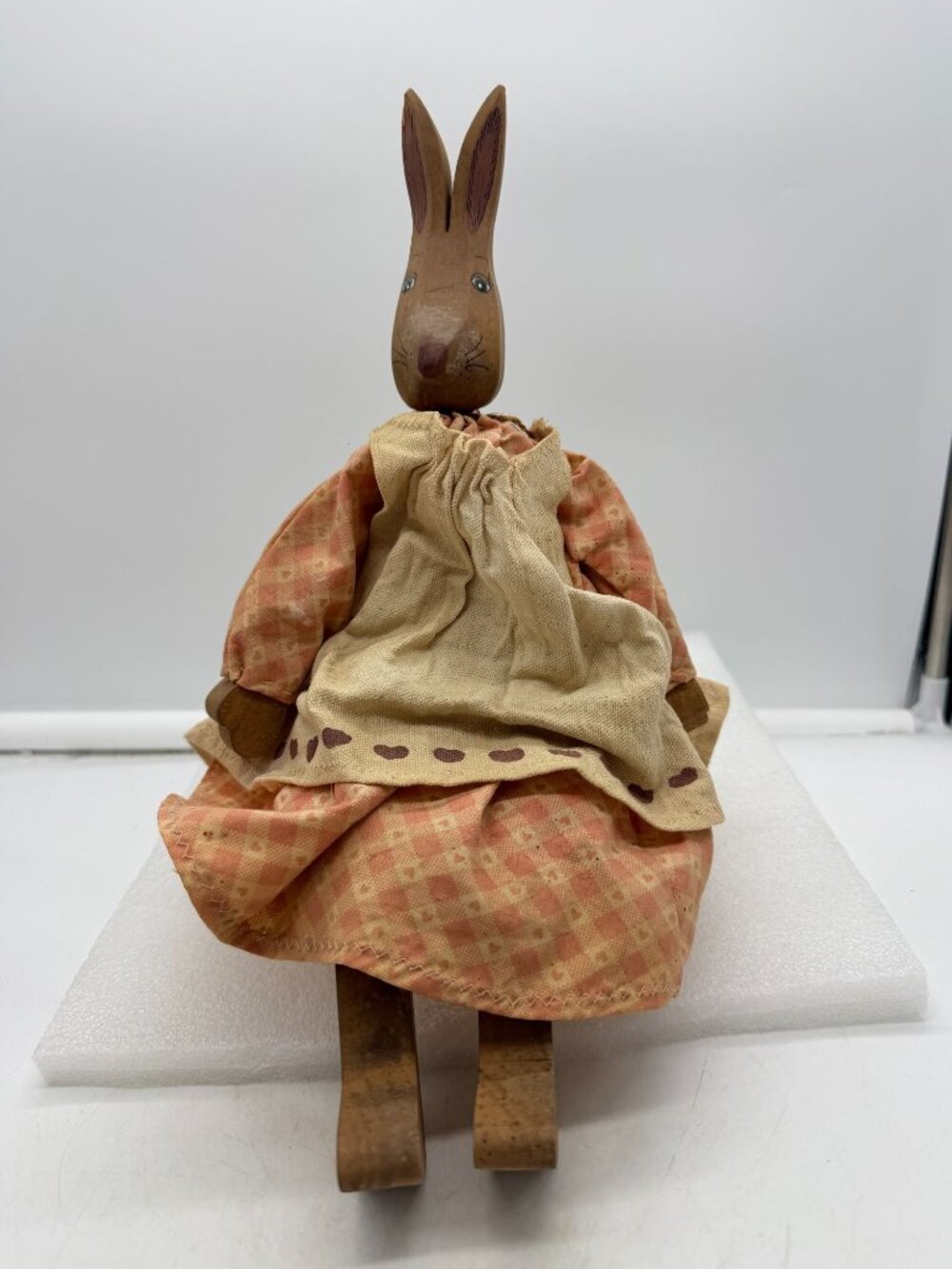 Vintage Folk Art Wooden Bunny Rabbit Doll in Dress Shelf Sitter